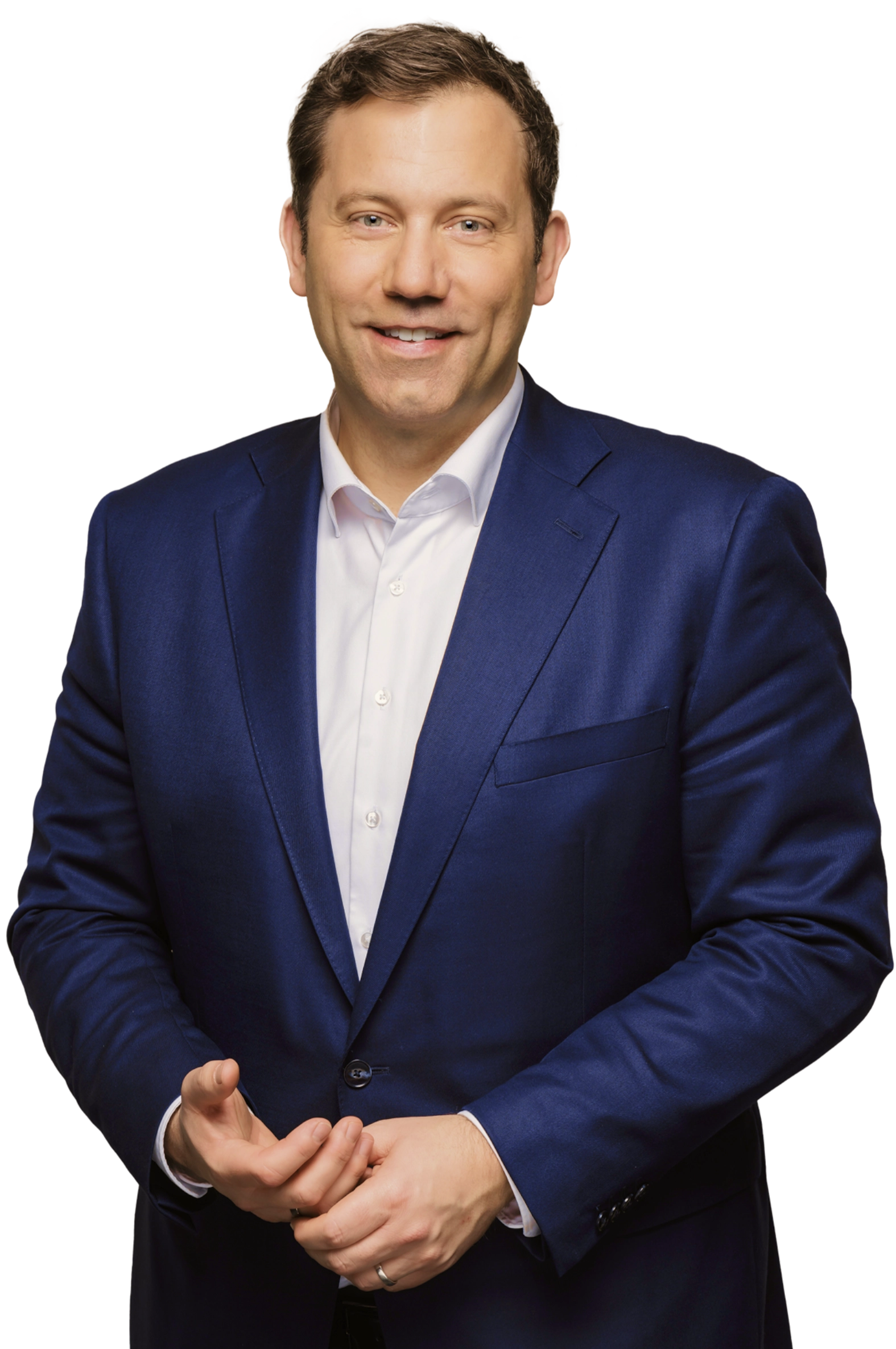 Lars Klingbeil, frontally depicted, smiling in a dark blue suit with folded hands.